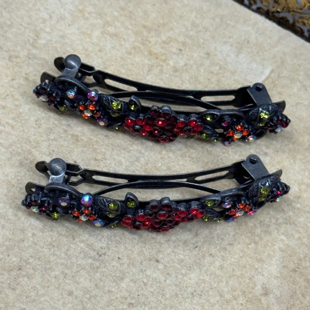 Vintage Style Floral Rhinestone Hair Barrettes Set of 2 Red Green Gunmetal Tone